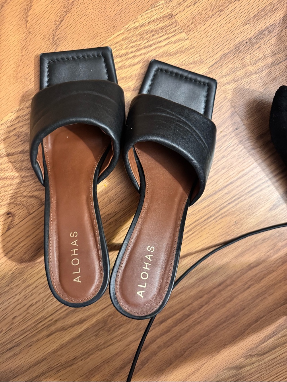 ALOHAS Black Square-Toe Slide Mules with Brown Insole